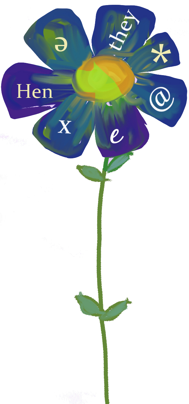 Una ilustración muestra una flor azul que muestra en cada pétalo opciones de lenguaje inclusivo en diferentes lenguas.