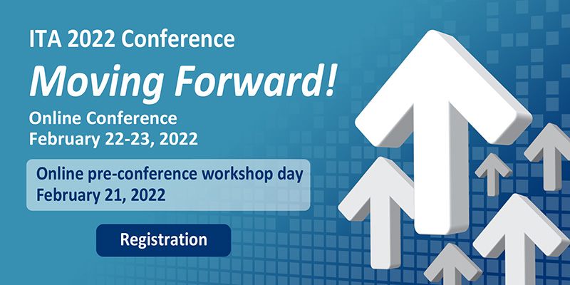 La imagen muestra el flyer, en inglés, de la conferencia ITA 2022 con el lema «Moving Forward»